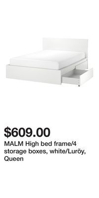 IKEA Malm high bed frame/4 storage boxes, white/luröy, queen offer