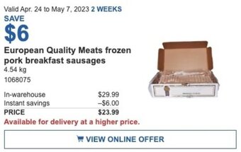 Costco European Quality Meats frozen pork breakfast sausages 4.54 kg offer