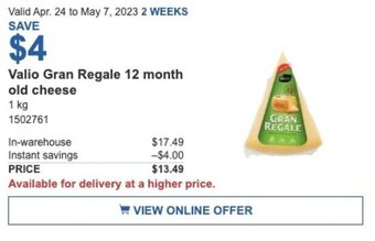 Costco Valio Gran Regale 12 month old cheese 1 kg offer