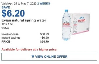 Costco Evian natural spring water 12 x 1.5 L offer
