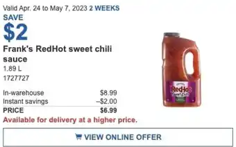 Costco Frank's Red Hot sweet chili sauce 1.89L offer