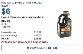 Costco Lea & Perrins Worcestershire sauce 3.7 L offer