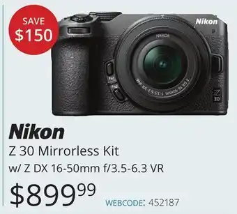 Vistek Nikon z 30 mirrorless kit w/z dx 16-50mm f/3.5-6.3 vr offer