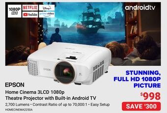 Visions Electronics Epson home cinema 3lcd 1080p theatre projector with built-in android tv offer