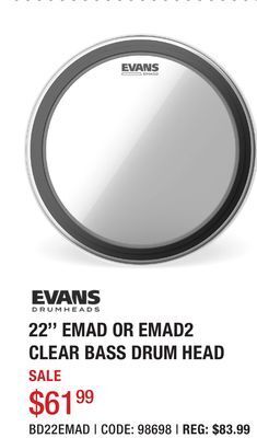 Long & McQuade Bd22emad - 22 inch emad batter clear drumhead offer