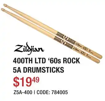 Long & McQuade Zildjian limited edition 400th anniversary 60s rock 5a drumsticks offer