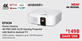 Visions Electronics Epson home cinema 4k pro-uhd 3lcd gaming projector with built-in android tv offer