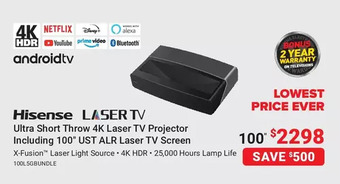 Visions Electronics Hisense ultra short throw 4k laser tv projector including 100 ust alr laser tv screen offer