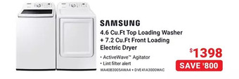 Visions Electronics Samsung 4.6 cu.ft. top loading washer + 7.2 cu.ft front loading electric dryer package offer