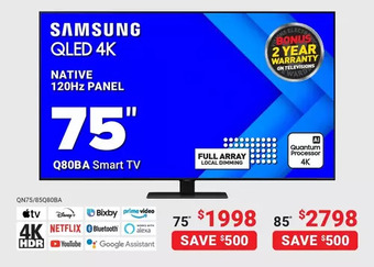 Visions Electronics Samsung qled 4k native 120hz panel 75 q80ba smart tv offer