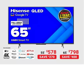 Visions Electronics Hisense 65 4k hdr qled smart tv | 55 offer