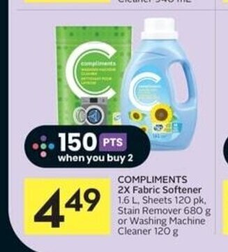 IGA COMPLIMENTS 2X Fabric Softener 1.6 L. Sheets 120 pk, Stain Remover 680 g or Washing Machine Cleaner 120 g offer