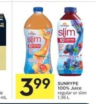 IGA SUNRYPE 100% Juice regular or slim 1.36 L offer