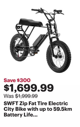 Best Buy Swft zip fat tire electric city bike with up to 59.5km battery life - black - only at best buy offer