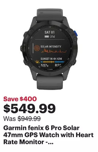 Best Buy Garmin fenix 6 pro solar 47mm gps watch with heart rate monitor - large - slate grey offer