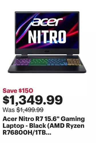 Best Buy Acer nitro r7 15.6 gaming laptop - black (amd ryzen r76800h/1tb ssd/16gb ram/rtx 3070 ti/windows 11) offer