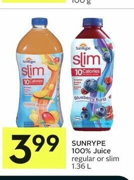 IGA SUNRYPE 100% Juice regular or slim 1.36 L offer