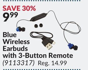 Princess Auto Blue wireless earbuds with 3-button remote offer