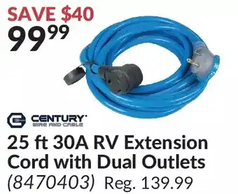 Princess Auto Century 25 ft 30a rv extension cord with dual outlets offer