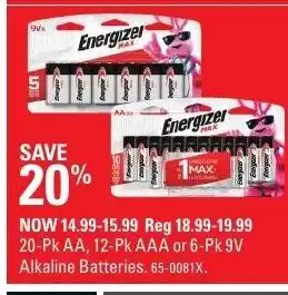 Canadian Tire 20-Pc AA 12-Pk AAA or 6-Pk 9V offer
