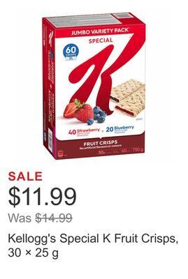 Costco Kellogg's special k fruit crisps, 30 × 25 g offer