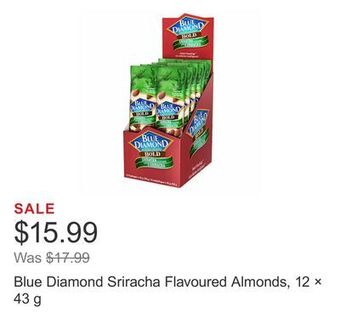 Costco Blue diamond sriracha flavoured almonds, 12 × 43 g offer