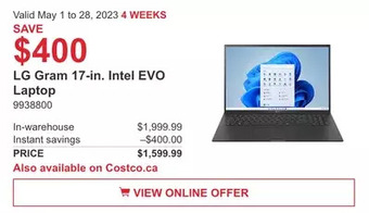Costco Lg gram 17-in. intel evo laptop offer