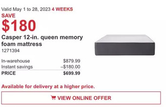 Costco Casper 12-in. queen memory foam mattress offer