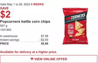 Costco Popcorners kettle corn chips offer