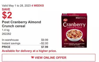 Costco Post cranberry almond crunch cereal offer