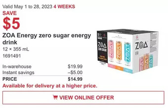 Costco Zoa energy zero sugar energy drink offer