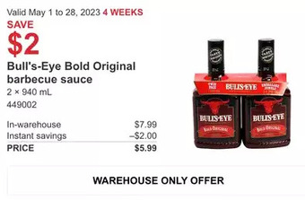 Costco Bull's-eye bold original barbecue sauce offer