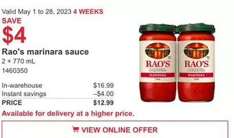 Costco Rao's marinara sauce offer