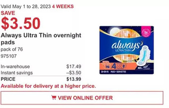 Costco Always ultra thin overnight pads offer