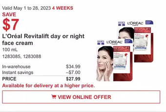 Costco L'oreal revitalift day or night face cream offer