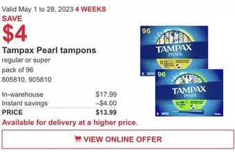 Costco Tampax pearl tampons offer