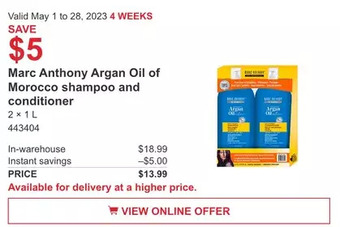Costco Marc anthony argan oil of morocco shampoo and conditioner offer