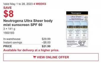 Costco Neutrogena ultra sheer body mist sunscreen spf 60 offer