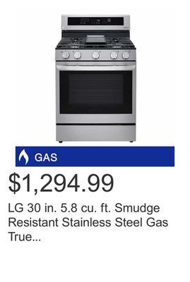 Costco Lg 30 in. 5.8 cu. ft. smudge resistant stainless steel gas true convection smart range with instaview™ and air fry offer