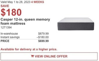 Costco Casper 12-in. queen memory foam mattress offer