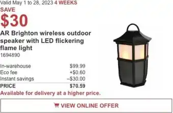 Costco AR Brighton wireless outdoor speaker with LED flickering flame light 1694890 offer