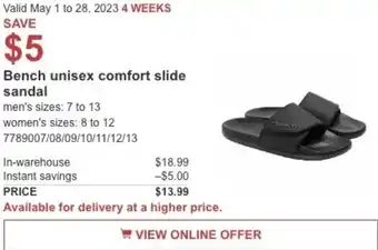 Costco Bench unisex comfort slide sandal men's sizes: 7 to 13 offer