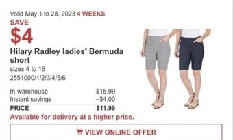 Costco Hilary Radley ladies' Bermuda short sizes 4 to 16 offer