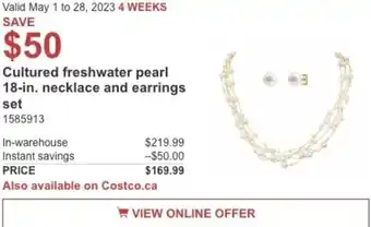Costco Cultured freshwater pearl 18-in. necklace and earrings offer