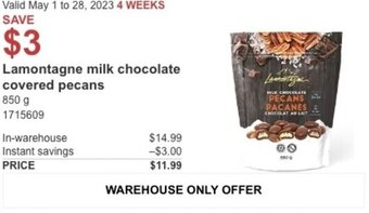 Costco Lamontagne milk chocolate covered pecans offer