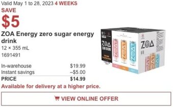 Costco ZOA Energy zero sugar energy drink offer