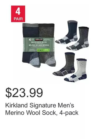 Costco Kirkland signature men’s merino wool sock, 4-pack offer