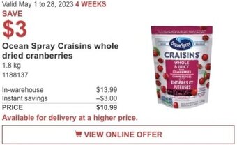Costco Ocean Spray Craisins whole dried cranberries offer