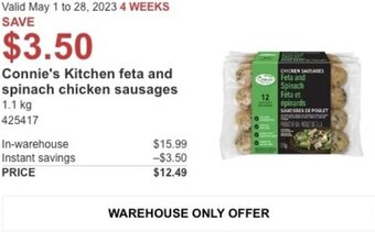 Costco Connie's Kitchen feta and spinach chicken sausages offer