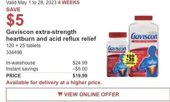 Costco Gaviscon extra-strength heartburn and acid reflux relief 120 + 25 tablets offer
